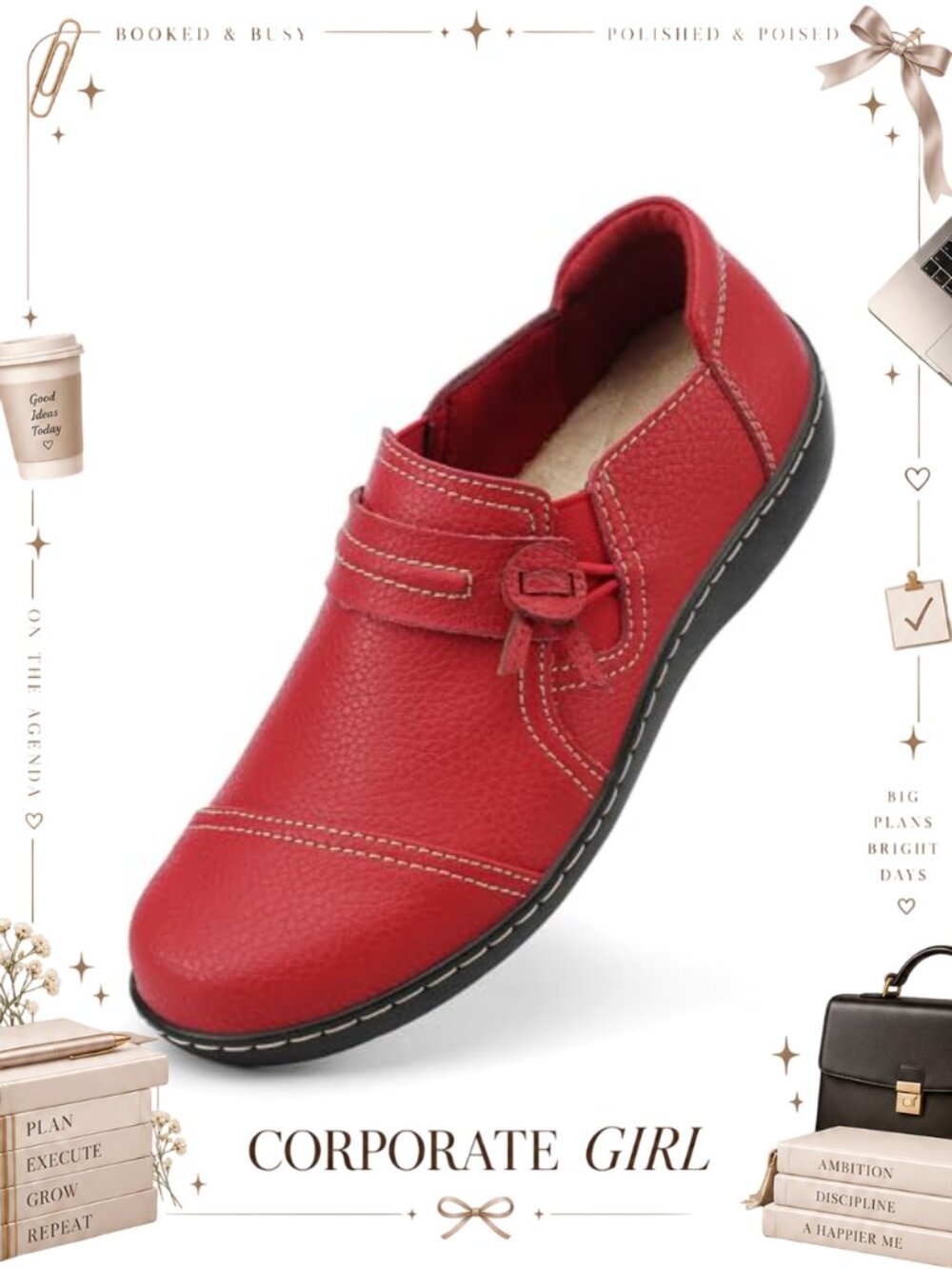 Women's Full Grain Leather Slip-On Loafers Comfort Walking Flats